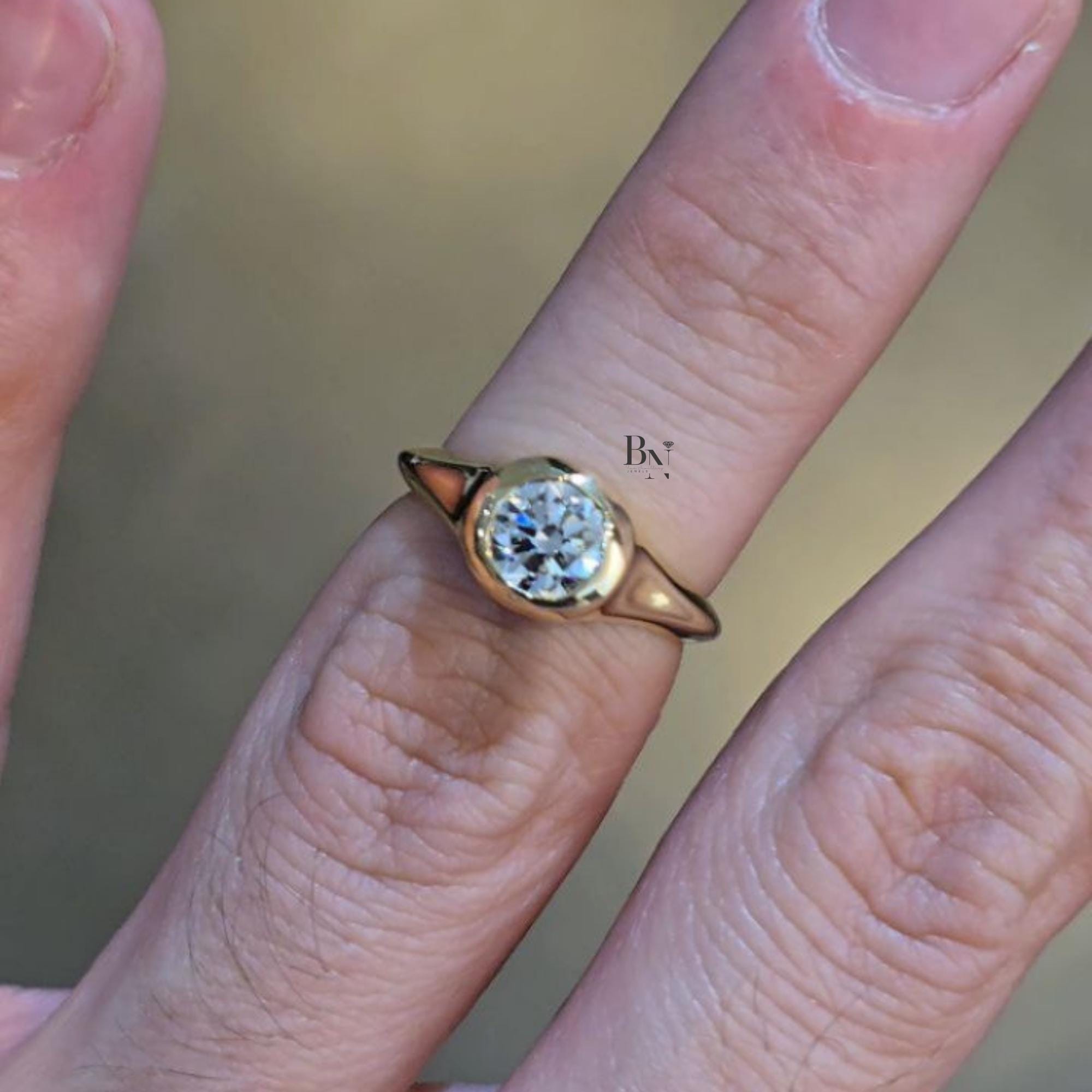 1.00ct Round Lab Grown Diamond Ring | 14K Two Tone Gold Bezel Set Solitaire | Minimalist Engagement | Flush Fit Wedding Set