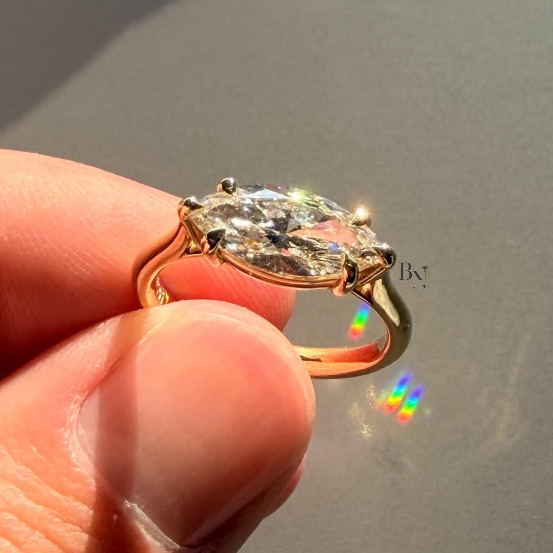 3ct East West Marquise Lab Grown Diamond Engagement Ring | Horizontal Pavé Solitaire 14K Yellow Gold