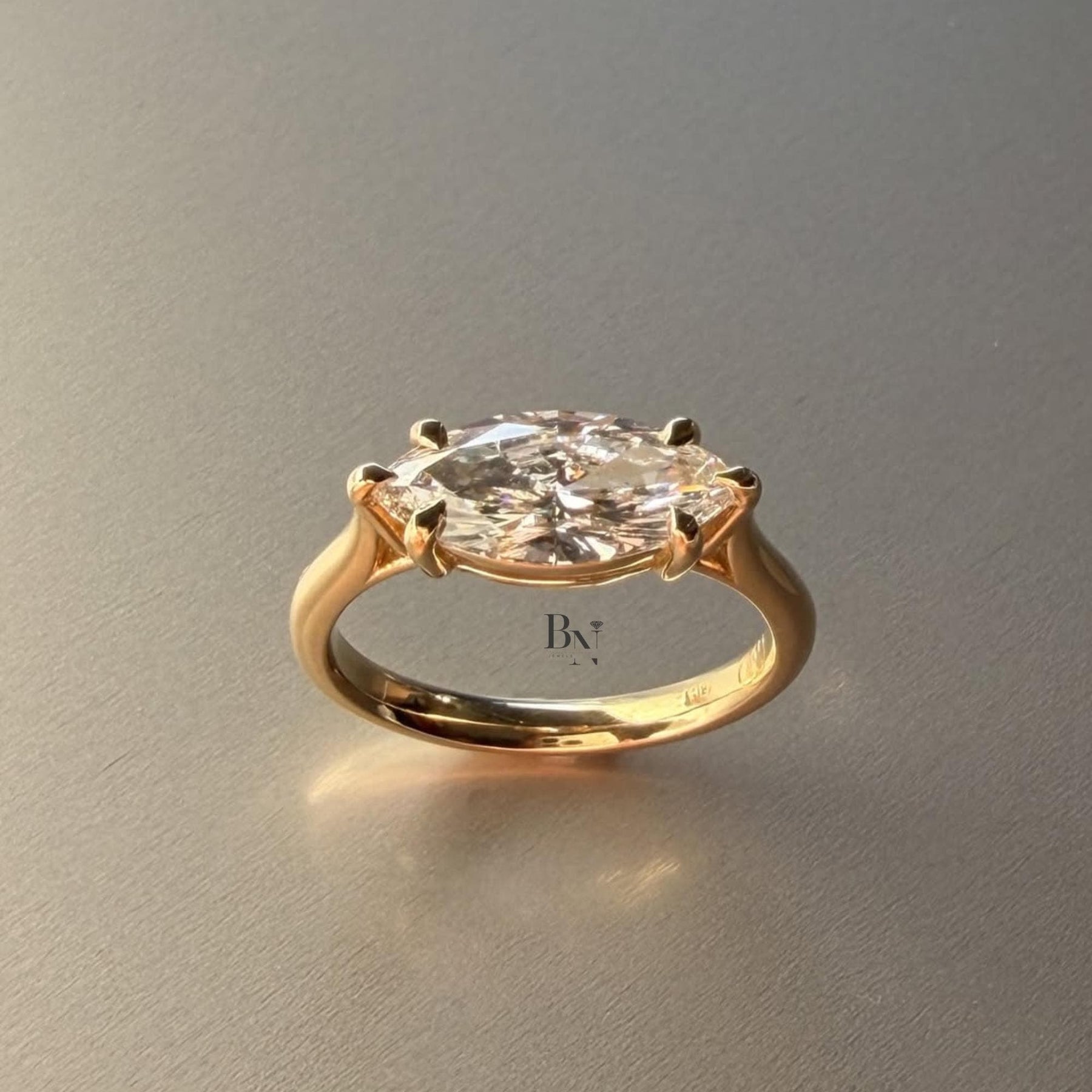 3ct East West Marquise Lab Grown Diamond Engagement Ring | Horizontal Pavé Solitaire 14K Yellow Gold