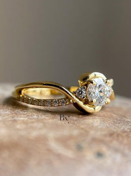 1ct Round Lab Grown Diamond Engagement Ring | Swirl Bypass Pavé Solitaire 14K Yellow Gold