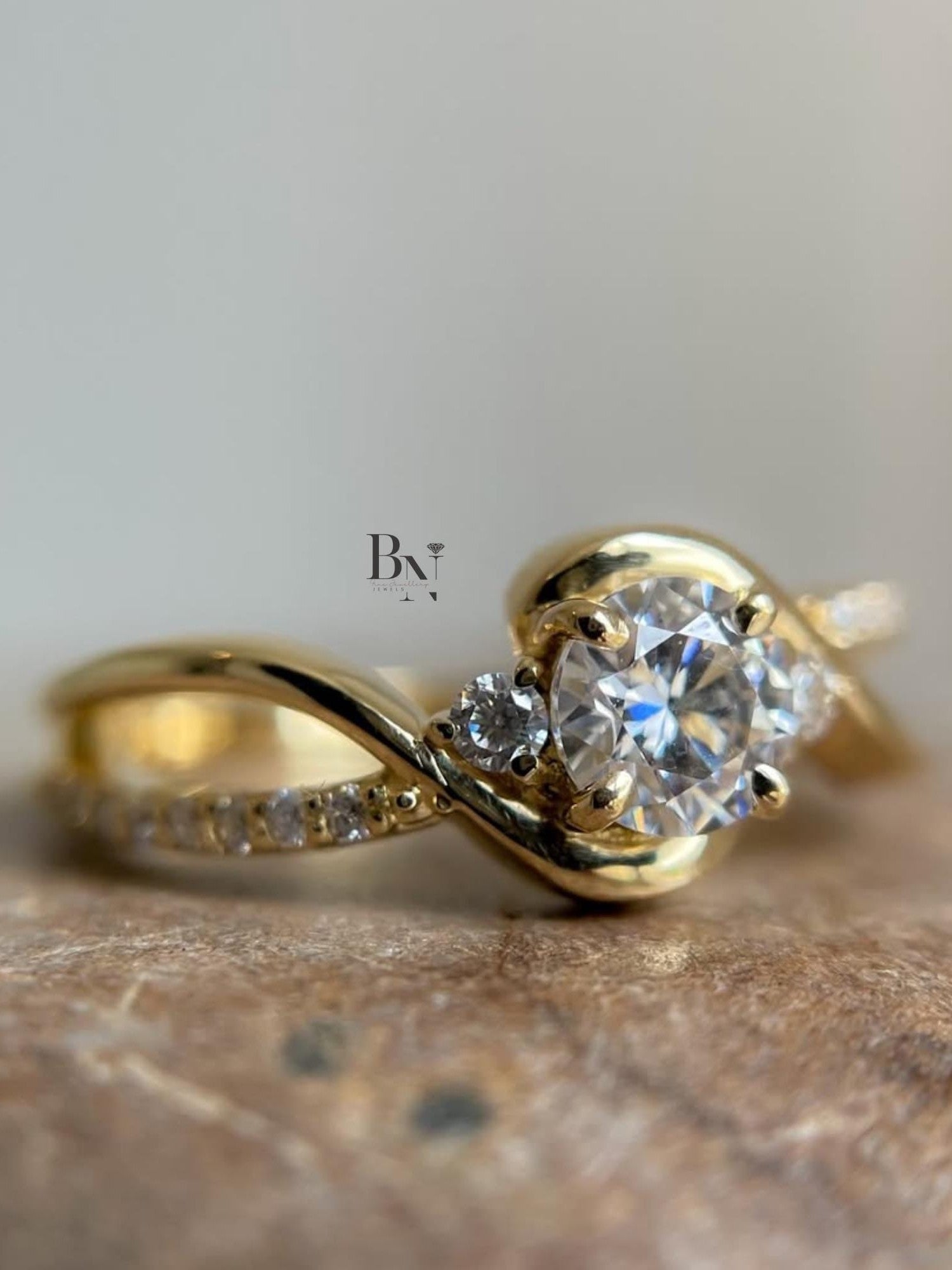 1ct Round Lab Grown Diamond Engagement Ring | Swirl Bypass Pavé Solitaire 14K Yellow Gold