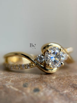 1ct Round Lab Grown Diamond Engagement Ring | Swirl Bypass Pavé Solitaire 14K Yellow Gold