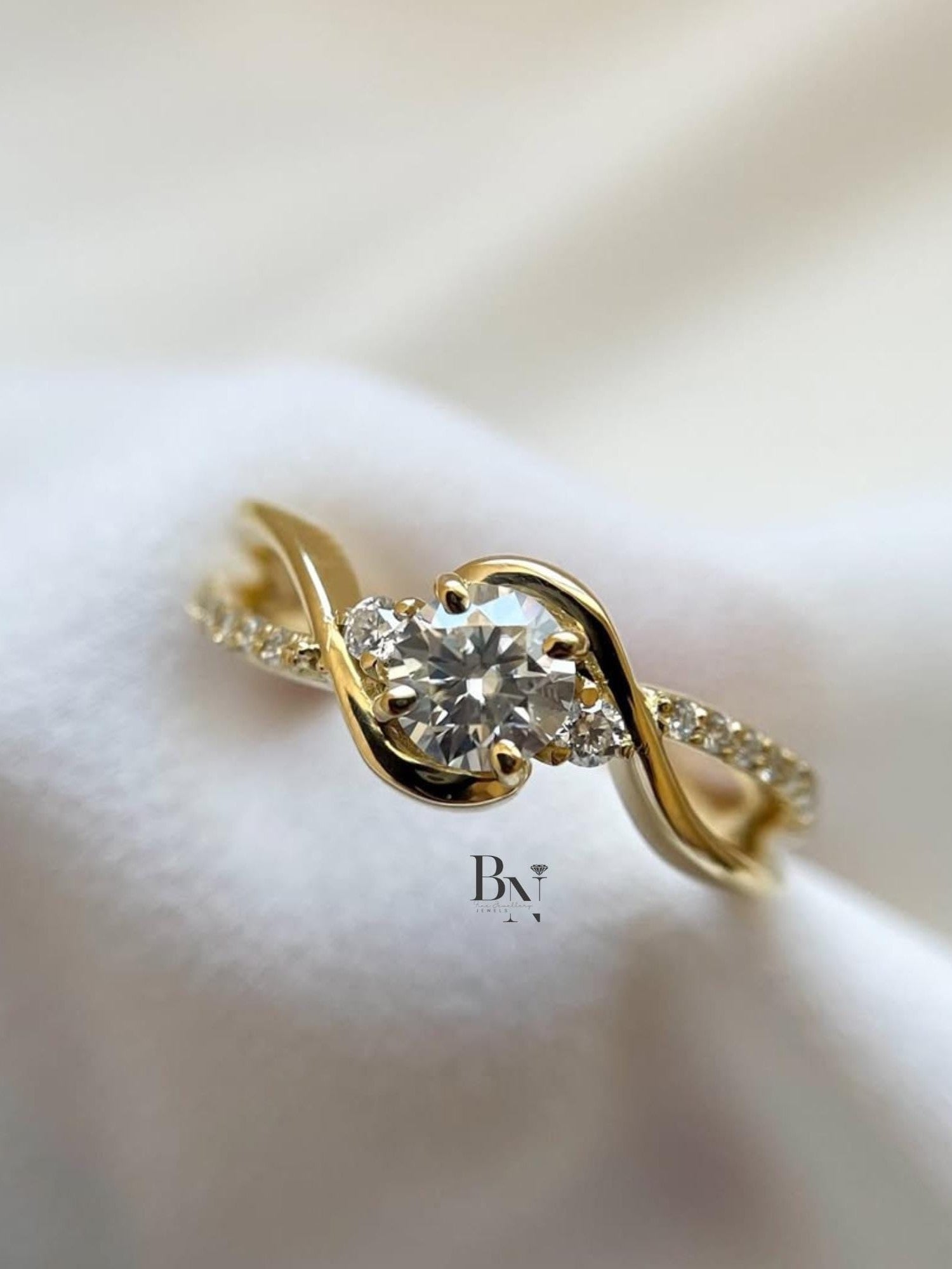 1ct Round Lab Grown Diamond Engagement Ring | Swirl Bypass Pavé Solitaire 14K Yellow Gold