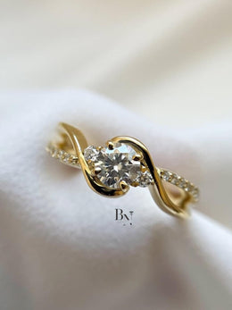 1ct Round Lab Grown Diamond Engagement Ring | Swirl Bypass Pavé Solitaire 14K Yellow Gold
