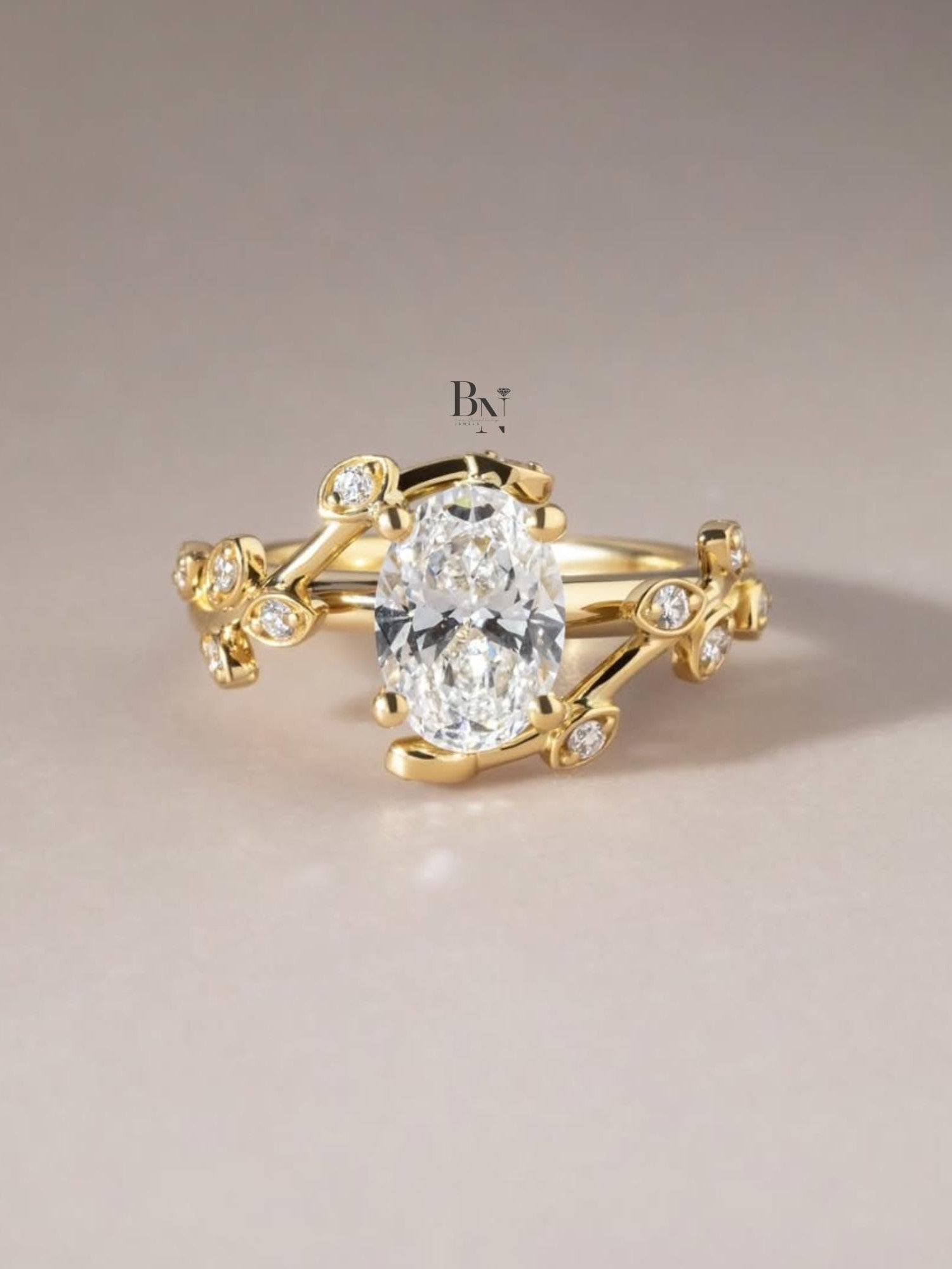 1.50ct Oval Lab Grown Diamond Engagement Ring | Leaf and Vine Nature Inspired 14K White Gold