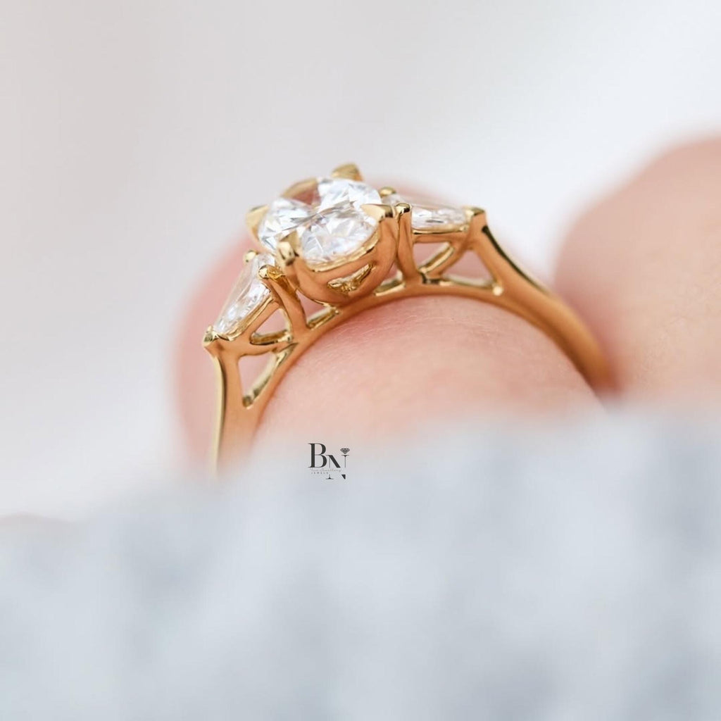 1.00ct Oval Lab Diamond Engagement Ring | Marquise Dot Accents 14K Gold | Vintage Proposal Ring | IGI Certified | Dainty