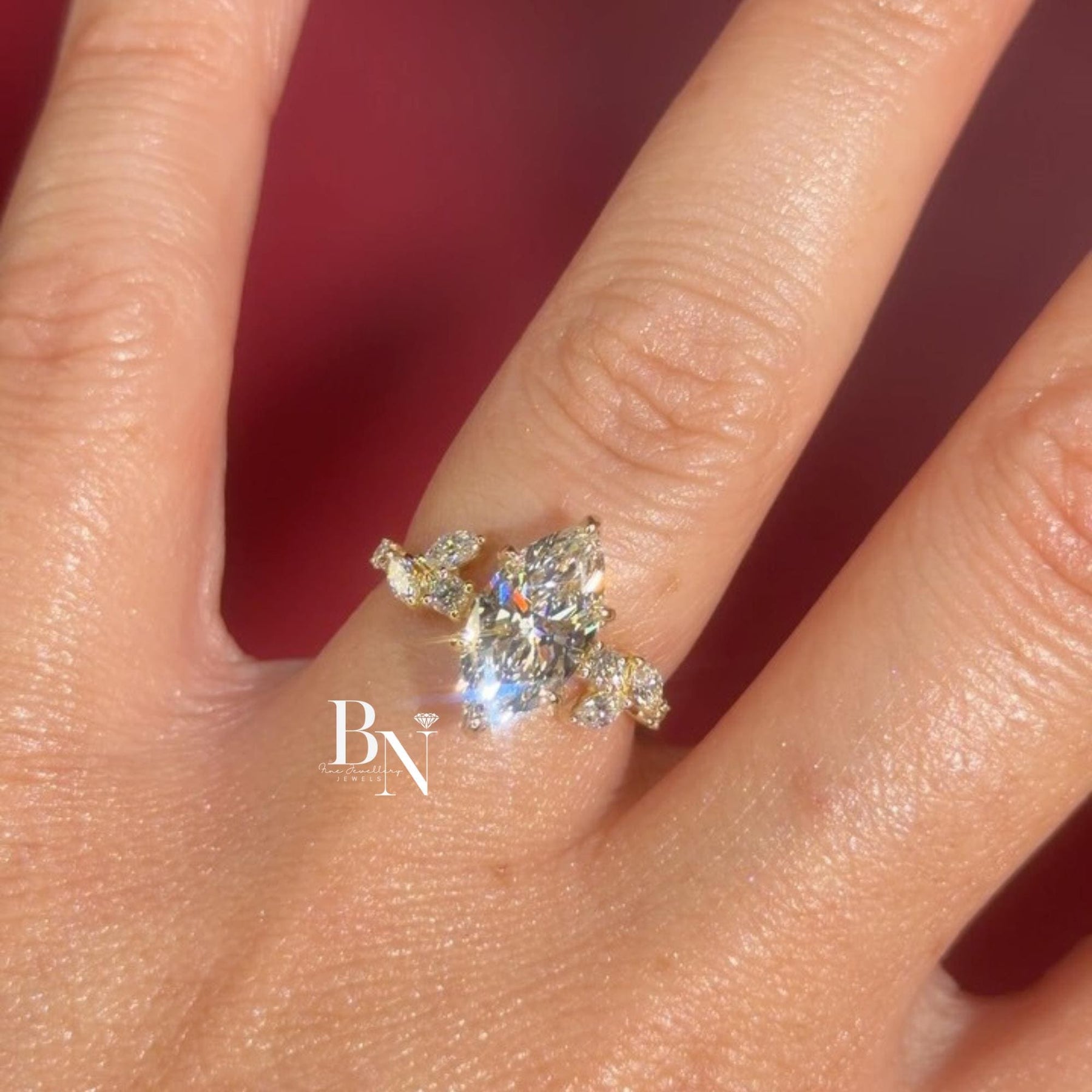 3ct Marquise Lab Grown Diamond Engagement Ring | Vine Leaf Cluster Pavé Accents 14K Gold