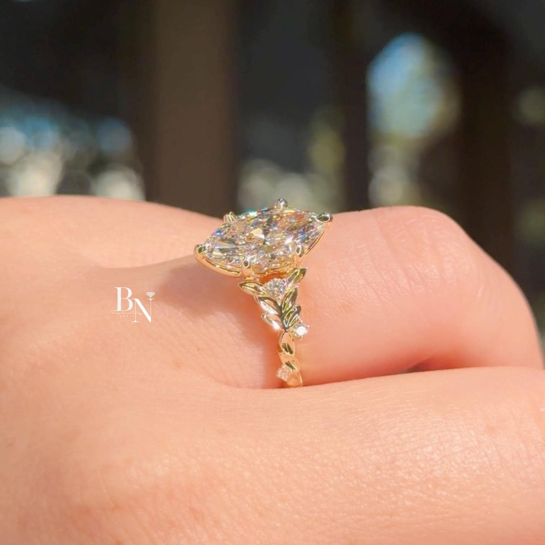 3ct Marquise Lab Grown Diamond Engagement Ring | Vine Leaf Floral Band 14K Gold