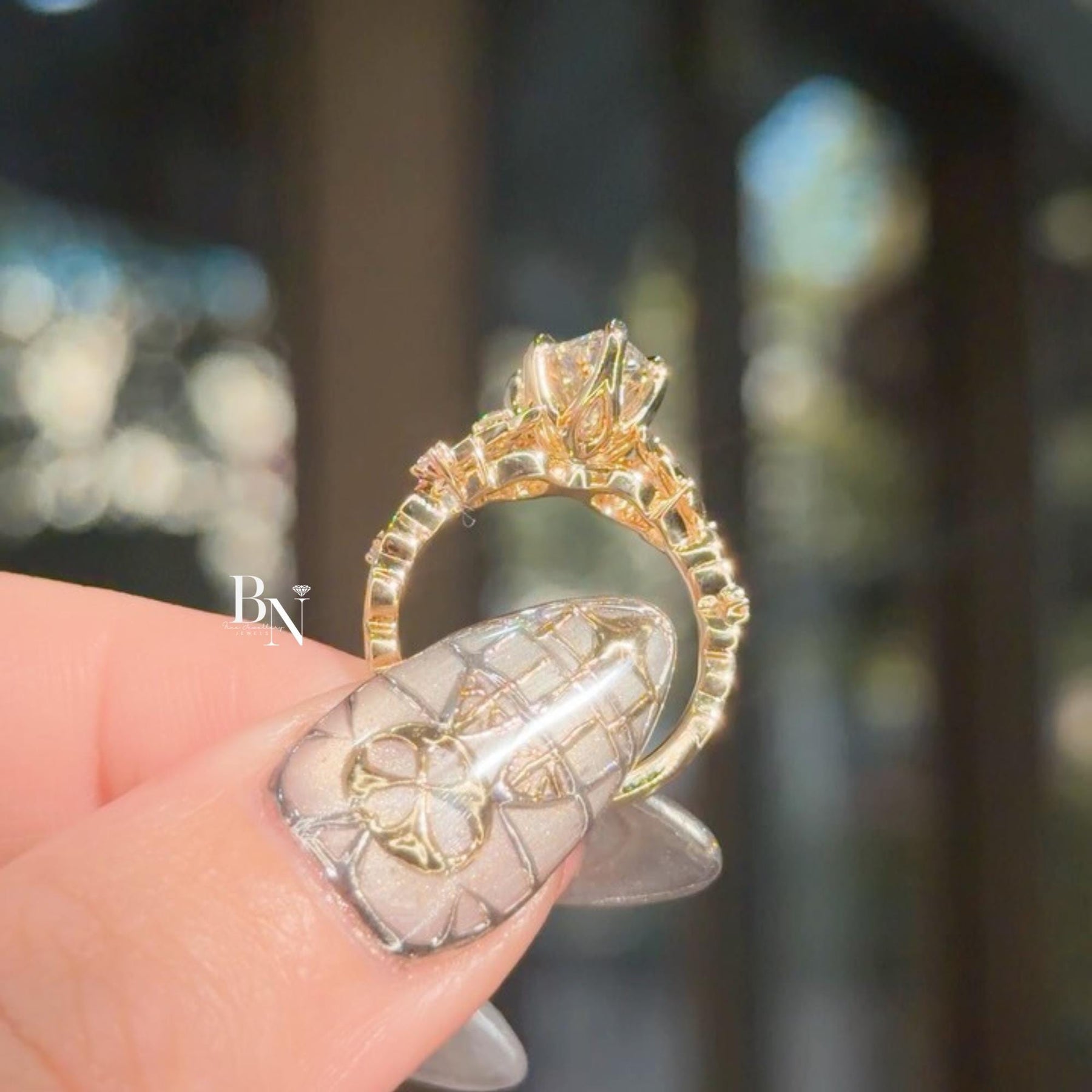 3ct Marquise Lab Grown Diamond Engagement Ring | Vine Leaf Floral Band 14K Gold