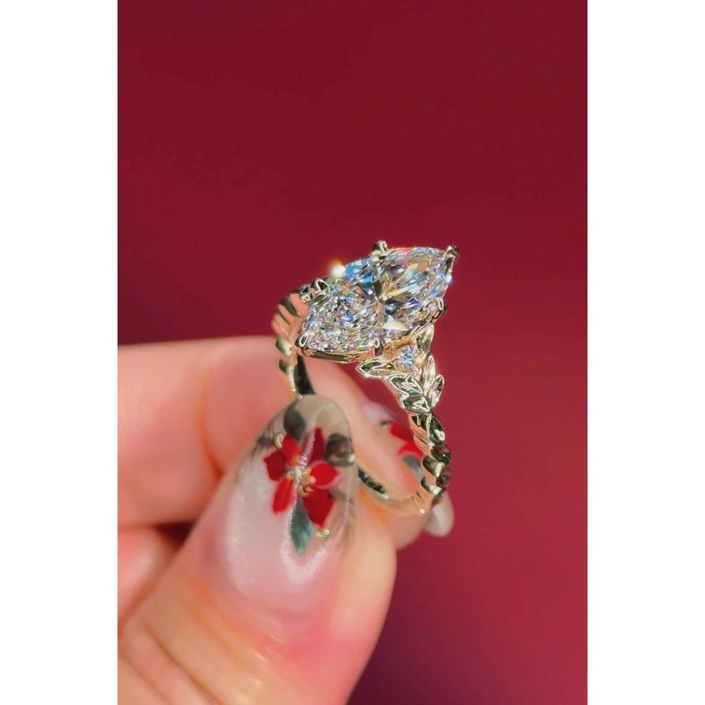 3.00ct Marquise Lab Diamond Engagement Ring | Vine Leaf Floral Band 14K Yellow Gold Setting | Nature Inspired Vintage Statement Ring