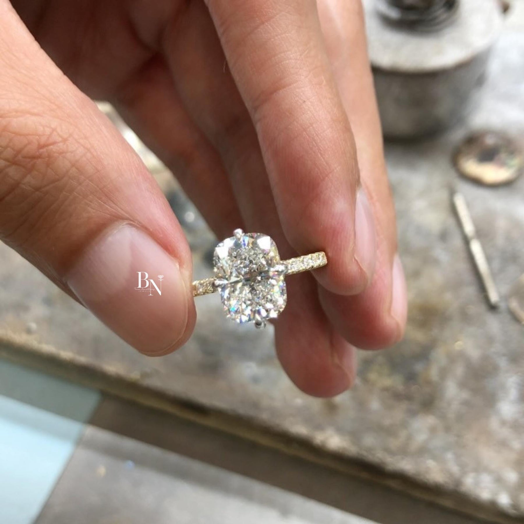 3ct Elongated Cushion Lab Grown Diamond Engagement Ring | Micro Pavé Band 14K Gold