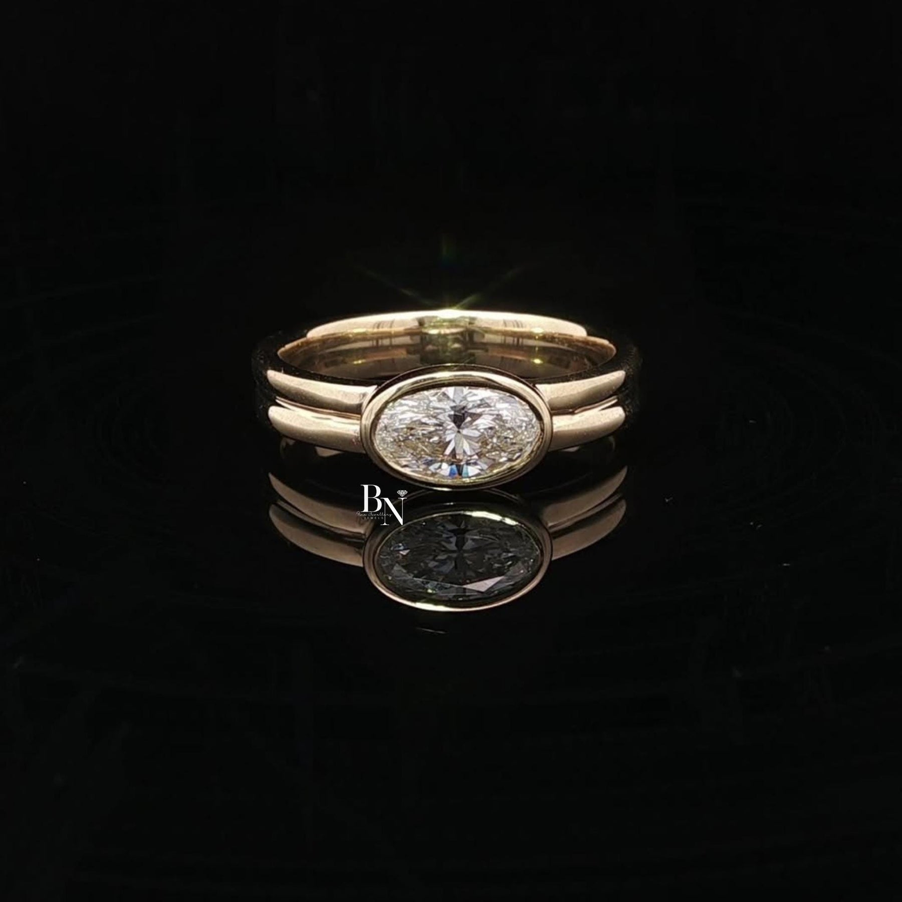 1ct Oval Lab Grown Diamond Engagement Ring | East West Full Bezel Minimalist 14K Yellow Gold