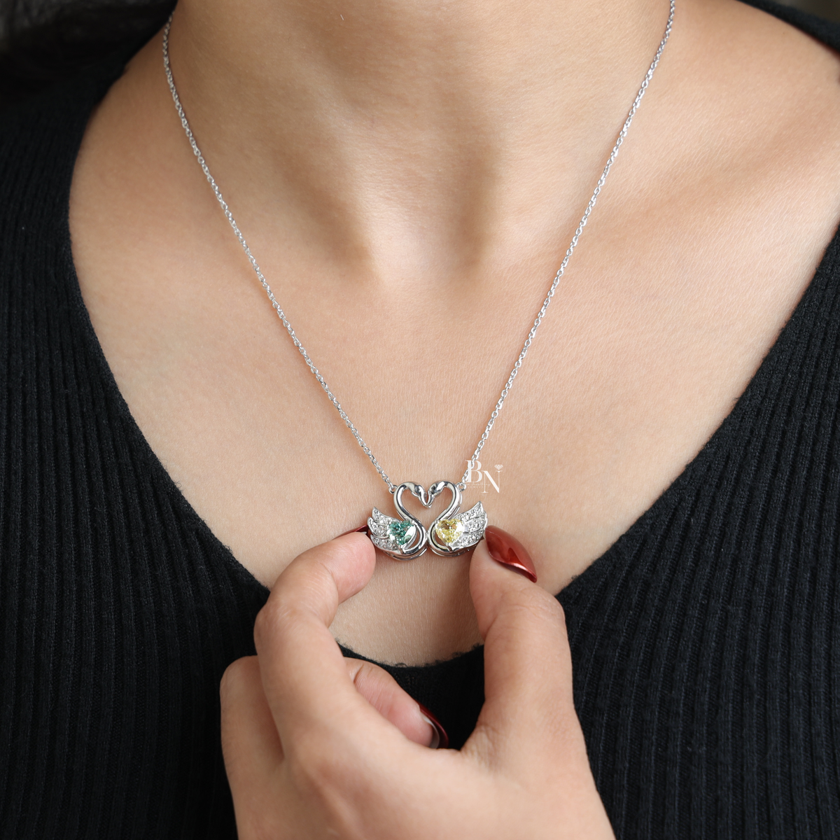 Fancy Green and Yellow Lab Grown Diamond Swan Pendant Necklace, Two Stone Heart Swan Pendant for Women