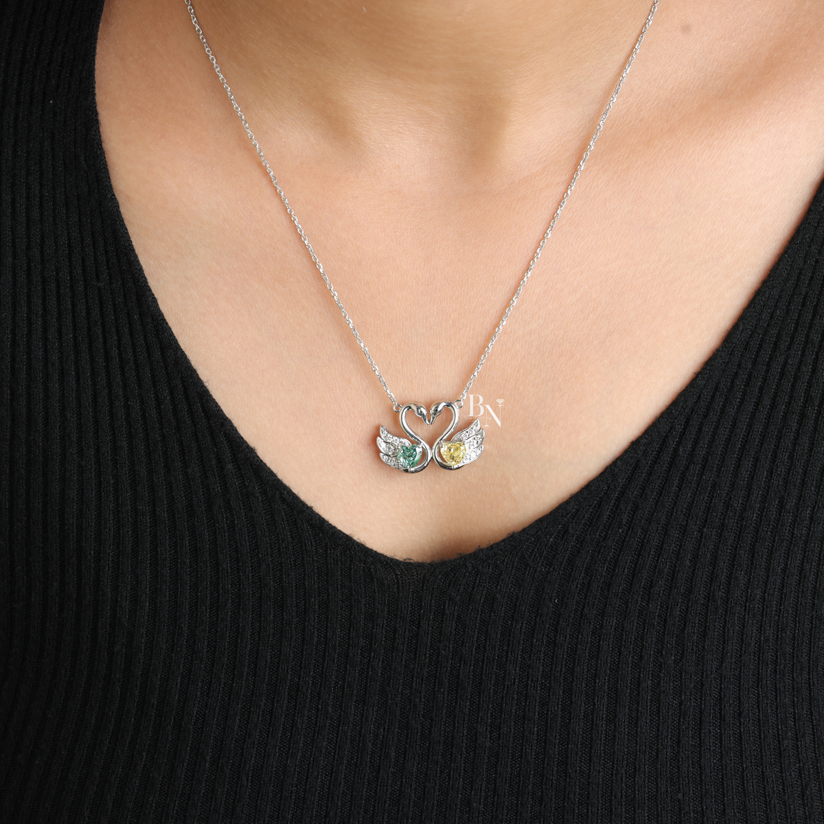 Fancy Green and Yellow Lab Grown Diamond Swan Pendant Necklace, Two Stone Heart Swan Pendant for Women