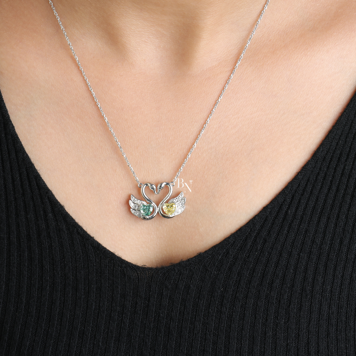 Fancy Green and Yellow Lab Grown Diamond Swan Pendant Necklace, Two Stone Heart Swan Pendant for Women