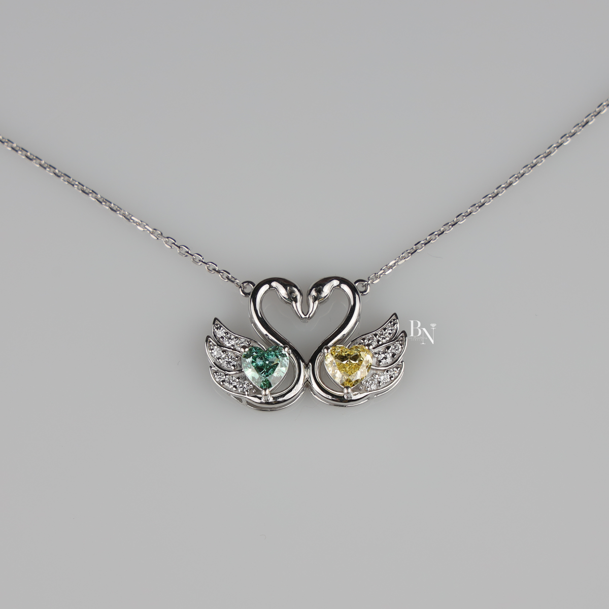 Fancy Green and Yellow Lab Grown Diamond Swan Pendant Necklace, Two Stone Heart Swan Pendant for Women