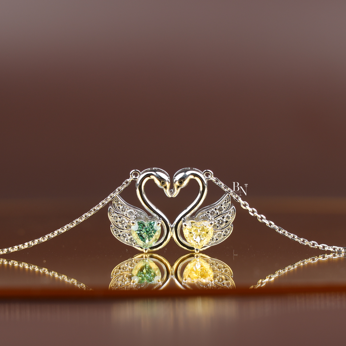 Fancy Green and Yellow Lab Grown Diamond Swan Pendant Necklace, Two Stone Heart Swan Pendant for Women