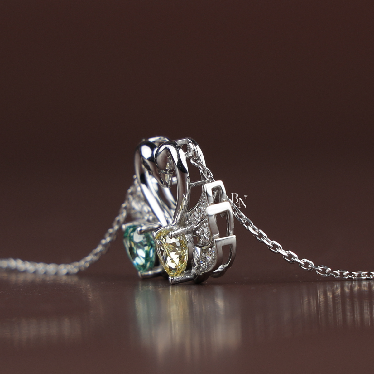 Fancy Green and Yellow Lab Grown Diamond Swan Pendant Necklace, Two Stone Heart Swan Pendant for Women