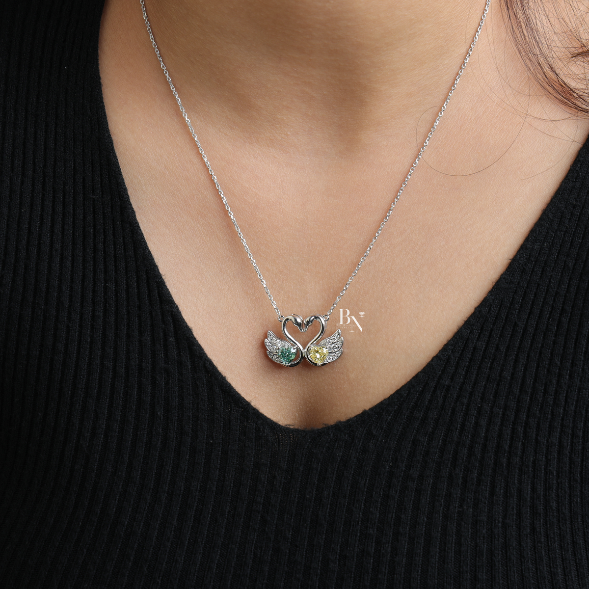 Fancy Green and Yellow Lab Grown Diamond Swan Pendant Necklace, Two Stone Heart Swan Pendant for Women