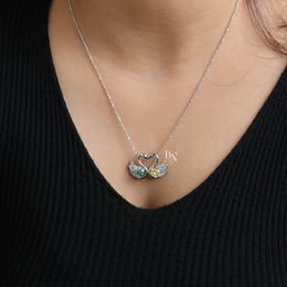 Fancy Green and Yellow Lab Grown Diamond Swan Pendant Necklace, Two Stone Heart Swan Pendant for Women