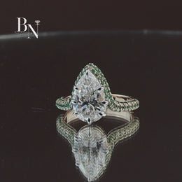 Pear Cut Lab Diamond Ring, 3 Carat Appearance, Emerald Halo Engagement Ring, Unique Gold Statement Band