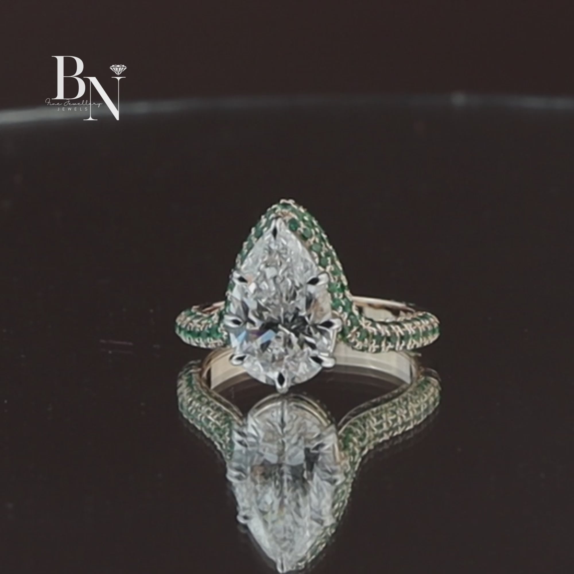 Pear Cut Lab Diamond Ring, 3 Carat Appearance, Emerald Halo Engagement Ring, Unique Gold Statement Band