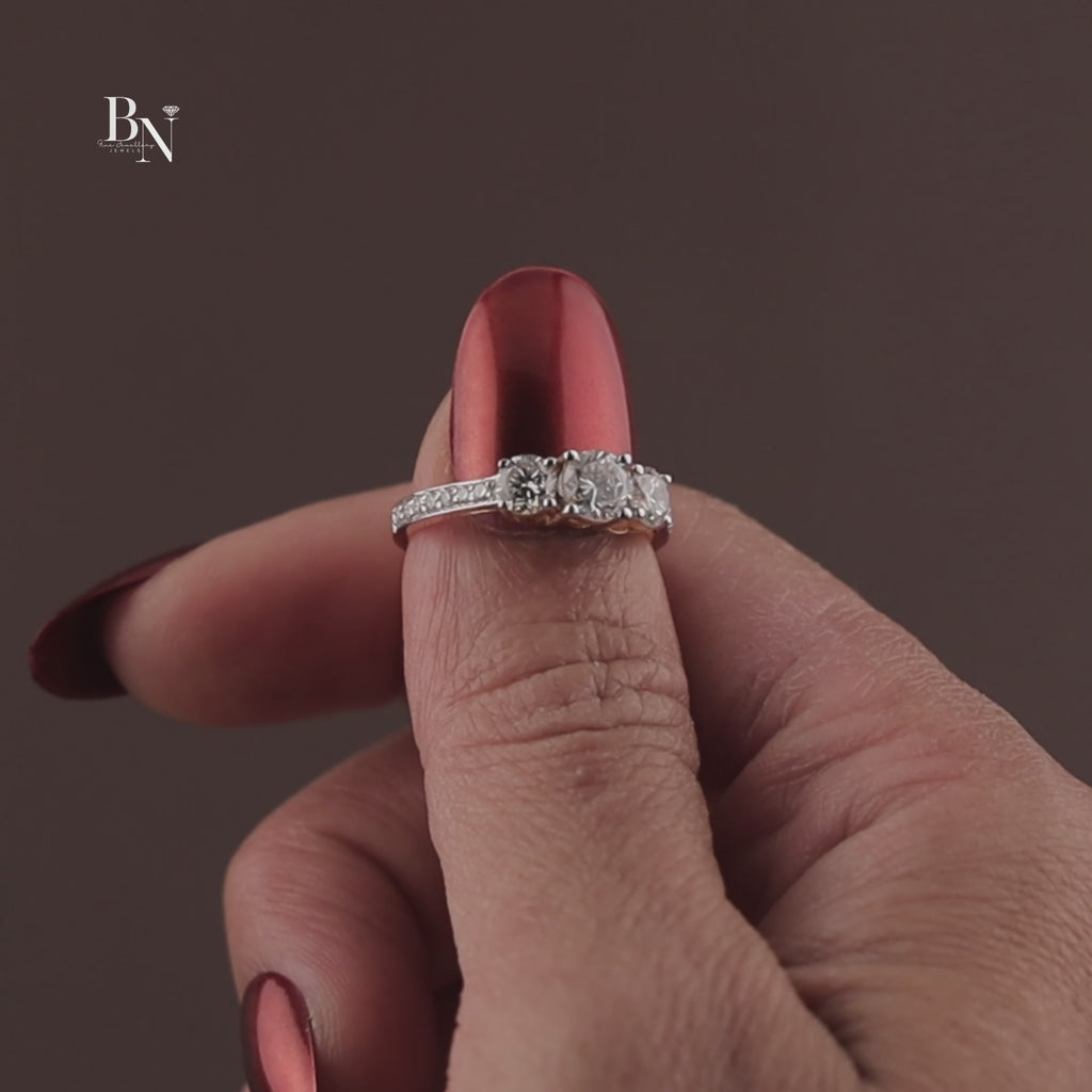1.25ctw Round Lab Grown Diamond Three Stone Engagement Ring | 14K Yellow Gold Trilogy | Pave Diamond Band | IGI Certified |