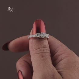 1.25ctw Round Lab Grown Diamond Three Stone Engagement Ring | Pavé Trilogy Band 14K Yellow Gold