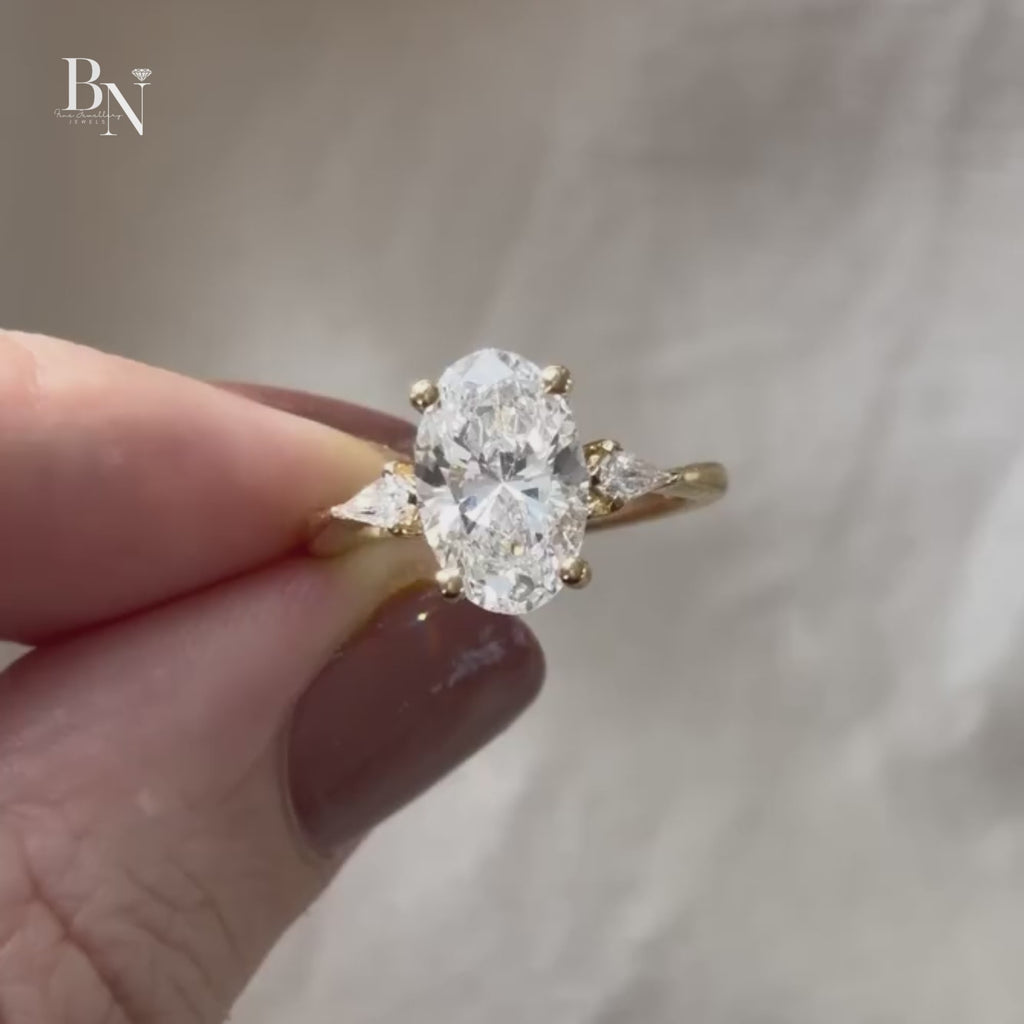 2.5ct Oval Lab Grown Diamond Engagement Ring | 14K Yellow Gold | Pear Side Stones | Three Stone Bridal Ring | (Copy)