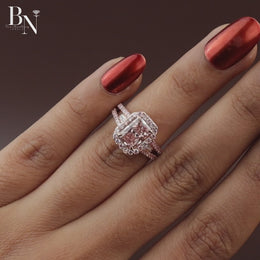 3ct Fancy Pink Radiant Lab Diamond Ring , Rose Gold Halo Engagement Ring , Baguette Side Stones