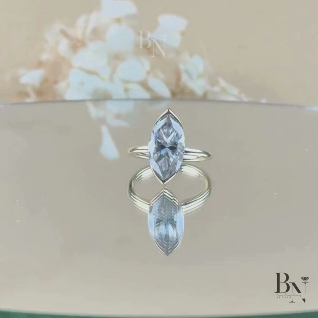 4ct Marquise Lab Grown Diamond Engagement Ring | 14K Yellow Gold Full Bezel Set Solitaire | Type IIa IGI Certified | Elongated Bridal Ring