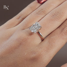 3.5ct Radiant Cut Lab Grown Diamond Engagement Ring | Hidden Halo Pavé Bridge 14K Yellow Gold