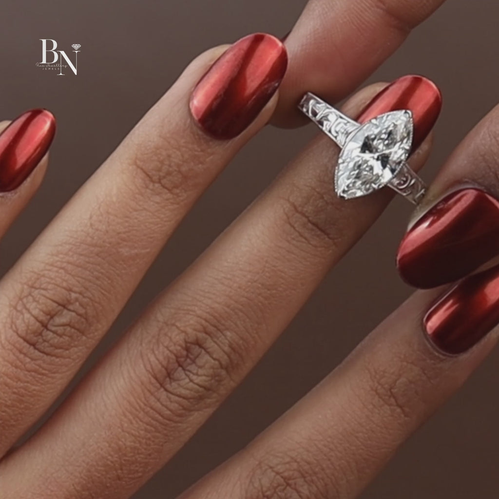 3ct Marquise Lab Diamond Engagement Ring | Vintage Art Deco Style | Engraved Antique Band | Milgrain Setting |Unique Proposal Ring