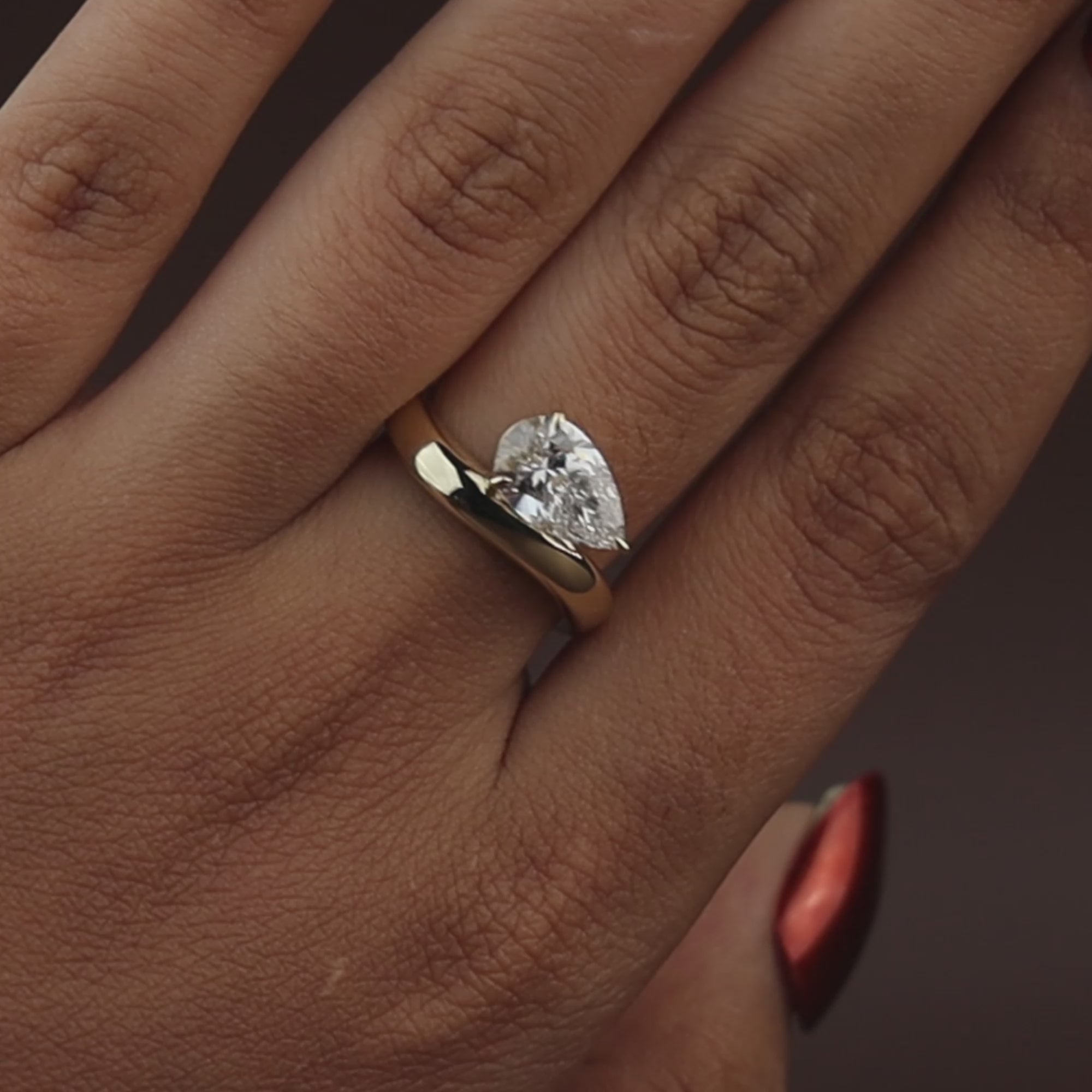 Pear Cut Lab Diamond Engagement Ring, 1.50 Carat Solitaire, Crossover Bypass Band, 14k Yellow Gold Ring
