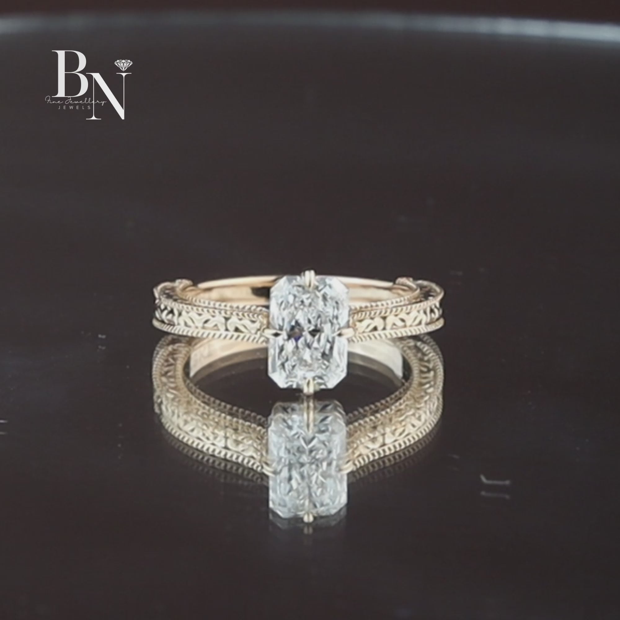 Radiant Cut Lab Diamond Engagement Ring, 1.35 Carat Solitaire, Vintage Engraved Band, 18k Yellow Gold Ring