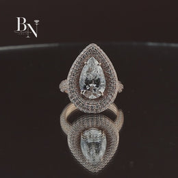 Pear Cut Lab Diamond Ring, 3 Carat Appearance, Double Halo Engagement Ring, Pavé Encrusted Gold Band