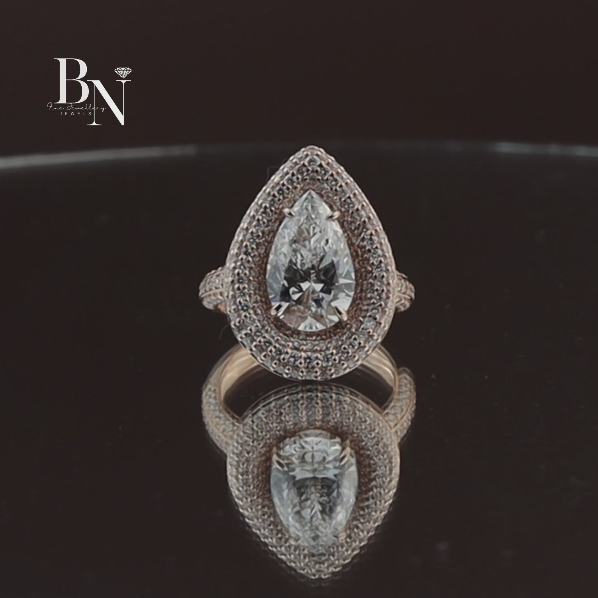 Pear Cut Lab Diamond Ring, 3 Carat Appearance, Double Halo Engagement Ring, Pavé Encrusted Gold Band