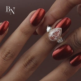 2ct Fancy Pink Pear Lab Grown Diamond Engagement Ring | Three Stone Halo Pavé Cluster 14K Rose Gold