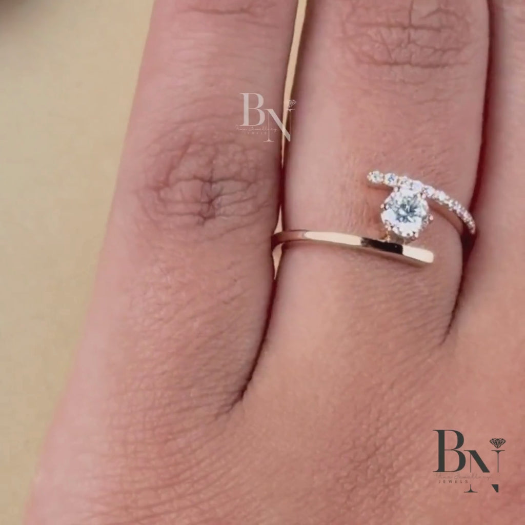 0.25ct Round Lab Grown Diamond Engagement Ring | 14K Rose Gold Bypass Tension Setting | Minimalist Floating Diamond Ring | Pave Bridal Band