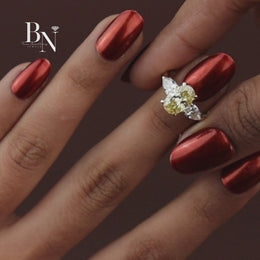 2ct Fancy Yellow Oval Lab Grown Diamond Engagement Ring | Three Stone Pear Cut 14K Yellow Gold
