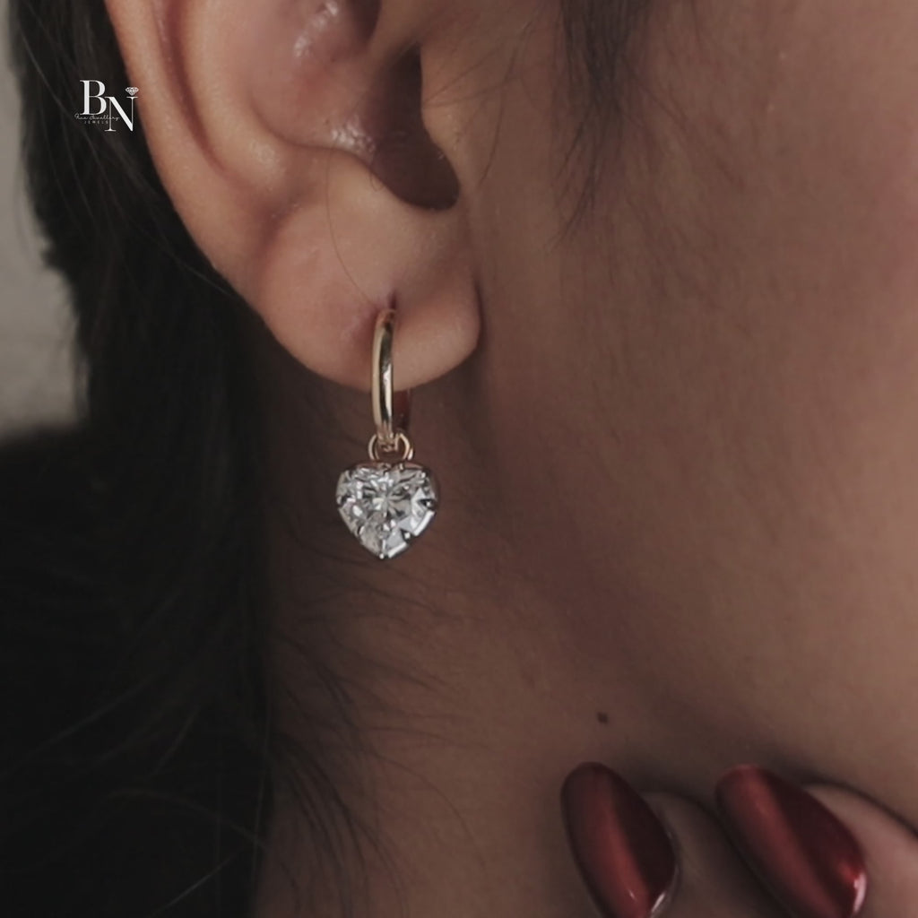 3ct Heart Cut Lab Grown Diamond Earrings | 18K Yellow Gold Hidden Halo Hoops | IGI Certified Lab Diamond Studs | Pave Bridal Jewelry Gift