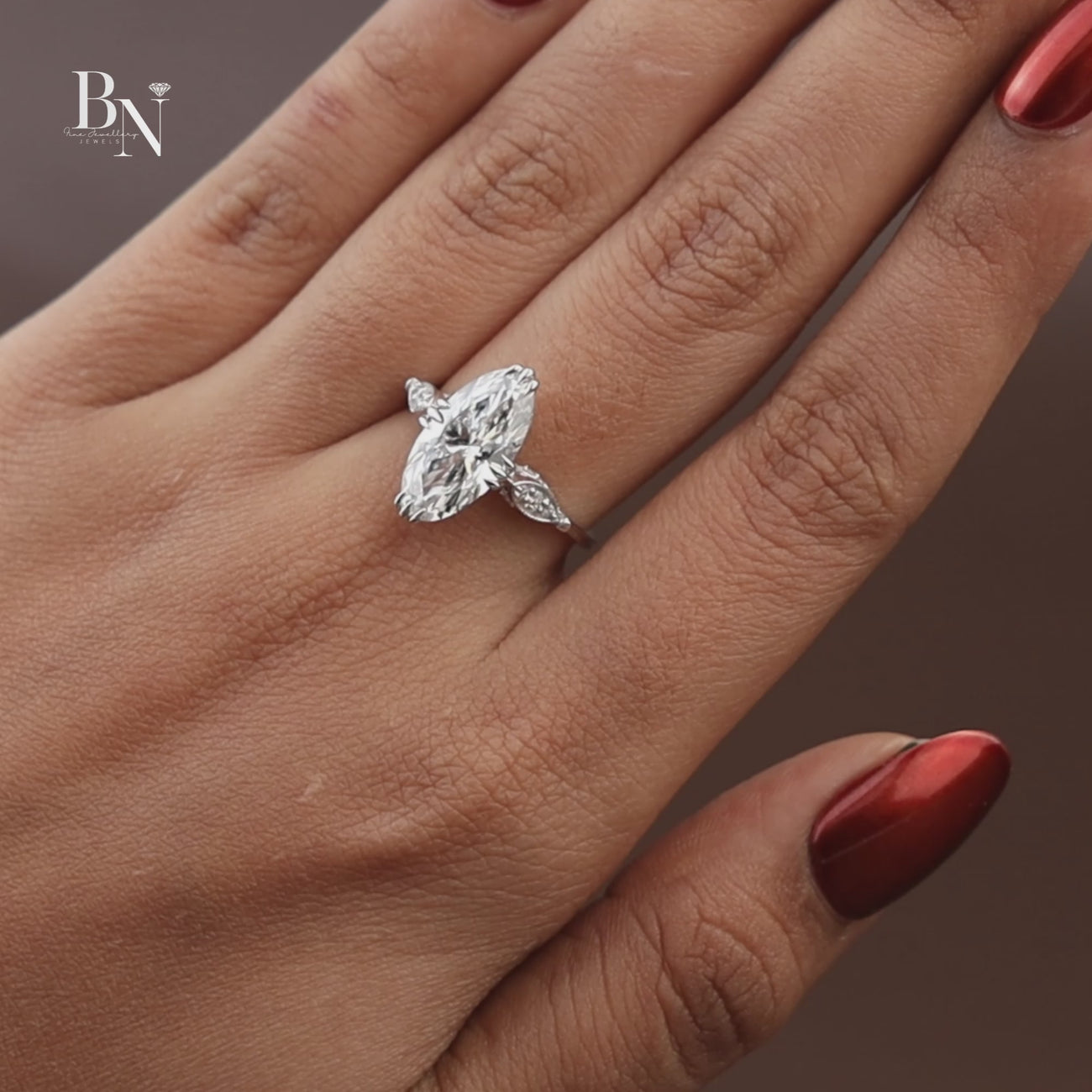 3ct Moval Cut Lab Grown Diamond Engagement Ring | Vintage Milgrain Navette Art Deco 14K White Gold