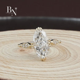 Moval Cut Lab Diamond Engagement Ring, 3 Carat Look Solitaire, Vertical Petal Basket, 14k Gold Bridal Ring