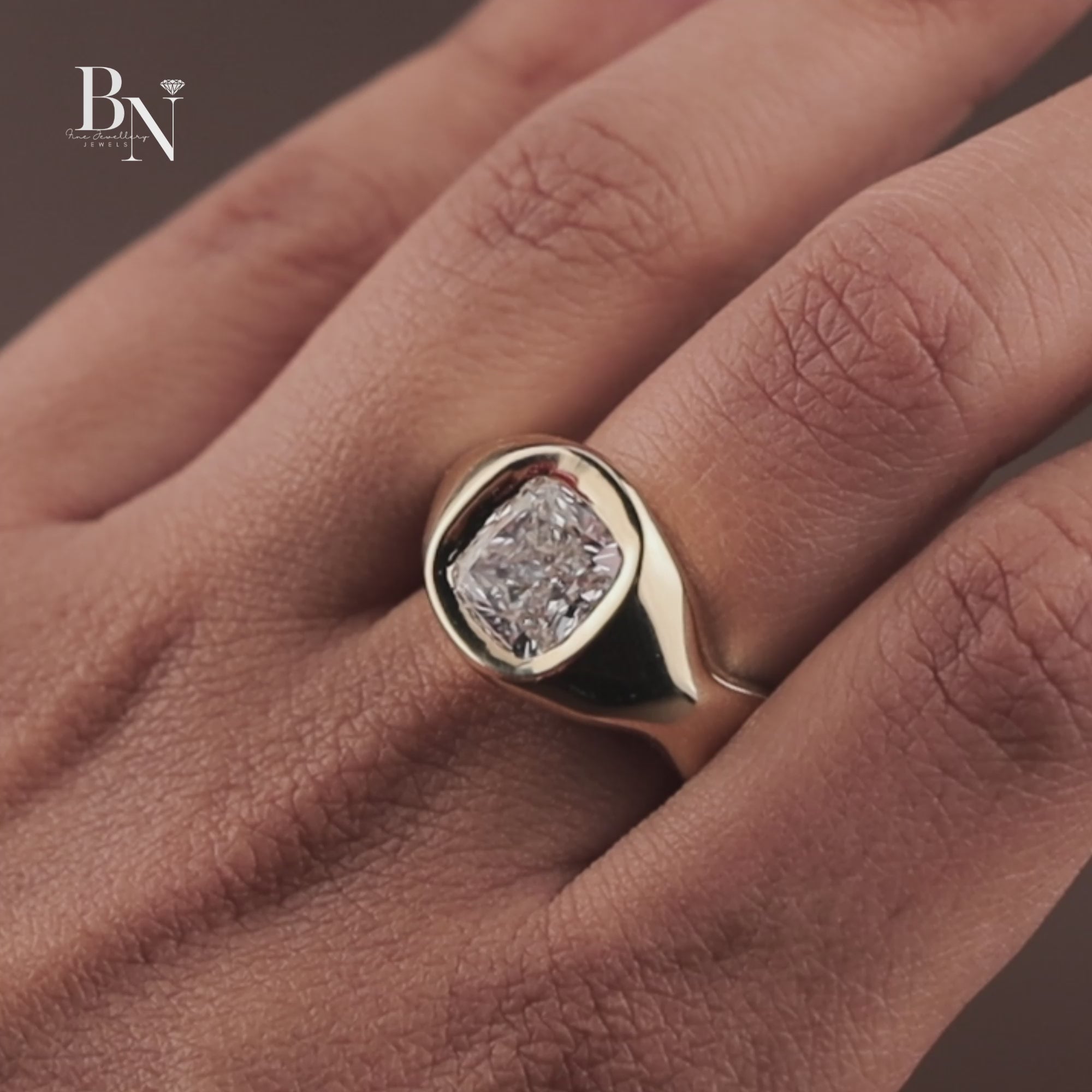 3ct Elongated Cushion Lab Grown Diamond Engagement Ring | 14K Yellow Gold Sculptural Bezel | Organic Wave Solitaire | IGI Certified |