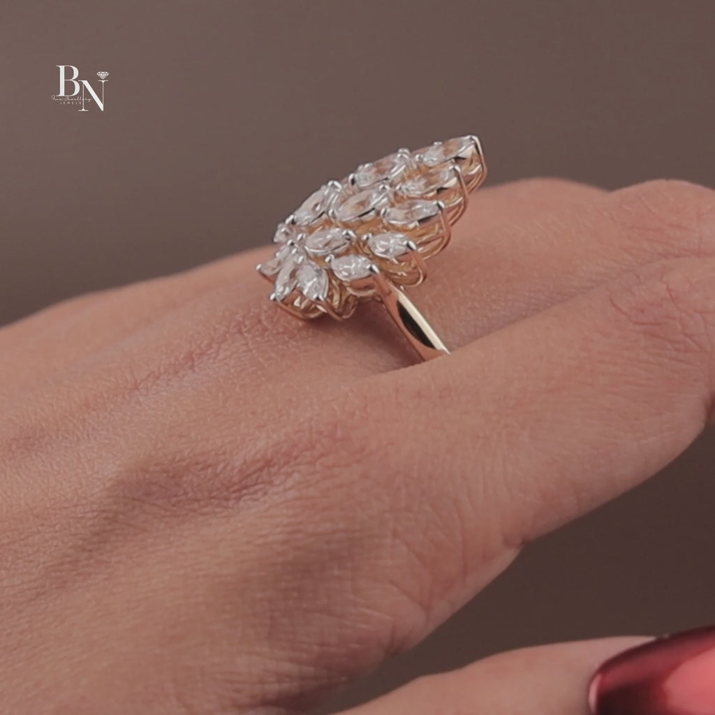 2ctw Marquise Lab Grown Diamond Statement Ring | 14K Yellow Gold Cluster Ring | Unique Sunburst Bridal Band | IGI Certified Lab Diamond |