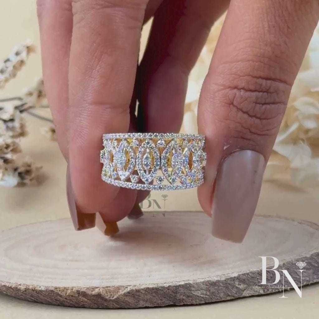 Marquise & Round Lab Grown Diamond Wedding Band | Wide Art Deco Filigree Ring | 14K Yellow Gold Pavé Statement Band | IGI Certified Jewelry