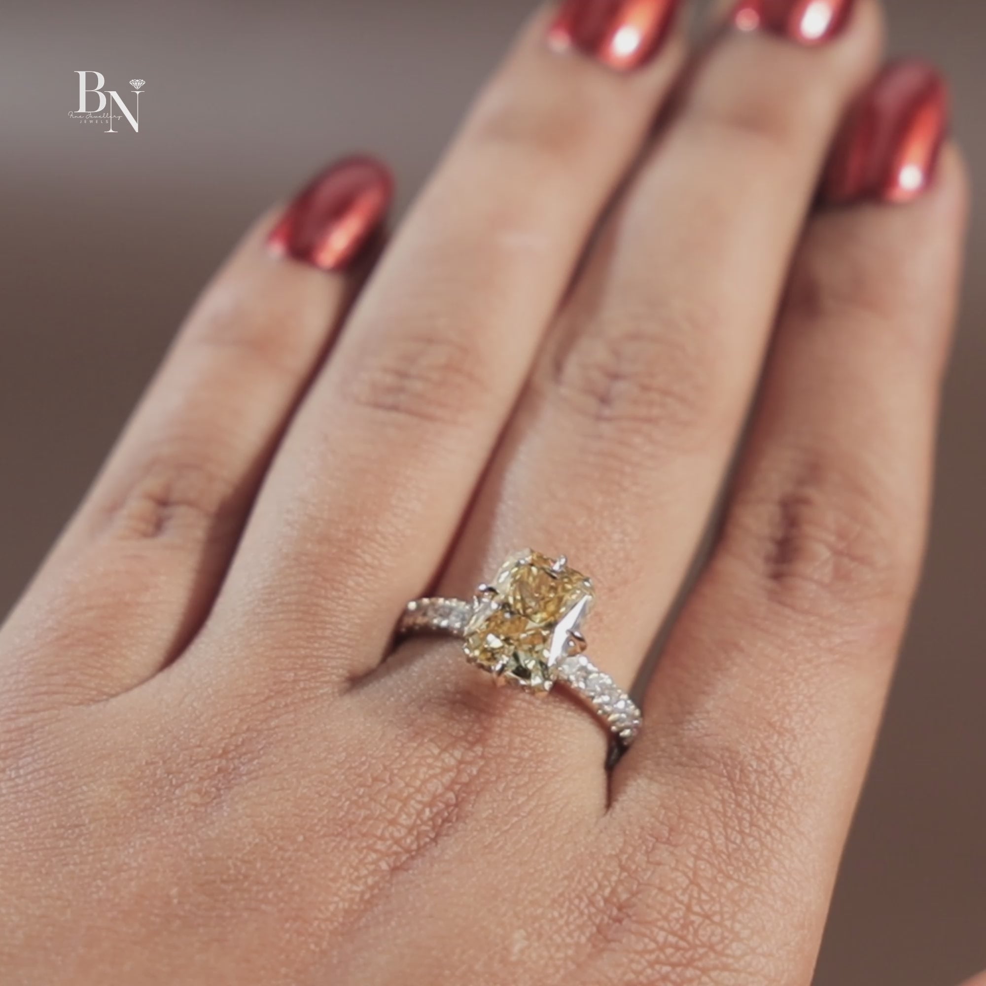 3.5ct Radiant Cut Fancy Yellow Lab Grown Diamond Engagement Ring | Hidden Halo | 14K White Gold Pave Band | IGI Certified Canary Diamond