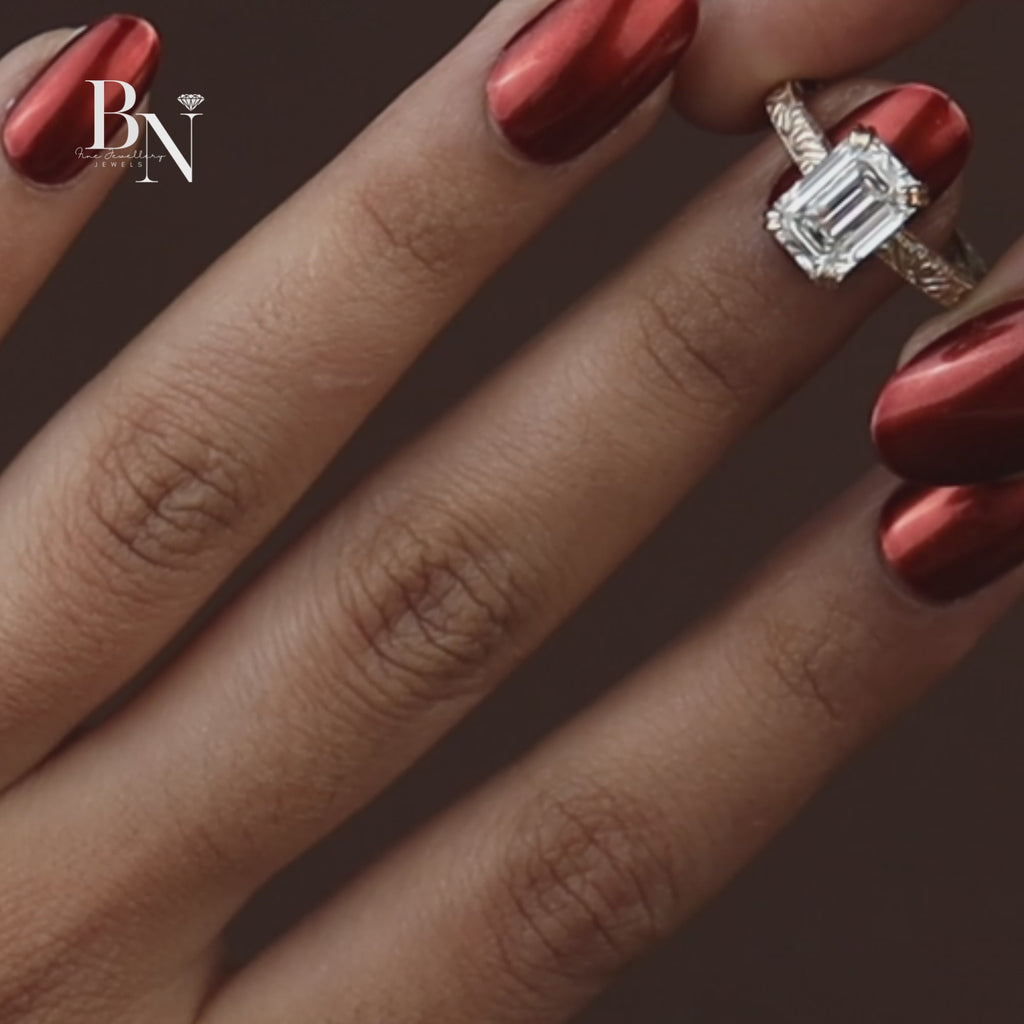 3ct Emerald Cut Lab Grown Diamond Engagement Ring | Vintage Engraved Gold Solitaire | Art Deco Antique Inspired |
