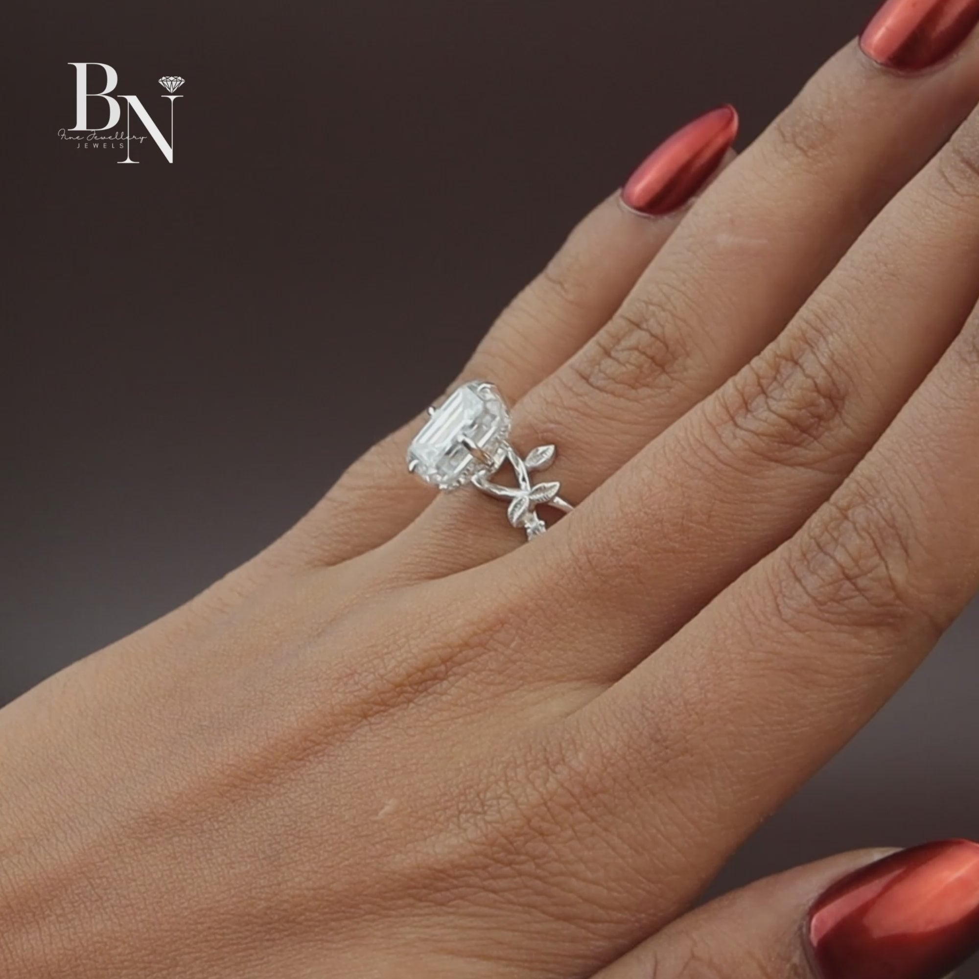 3ct Emerald Cut Lab Diamond Ring, Nature Inspired Vine Engagement Ring, Hidden Halo Botanical Gold Ring
