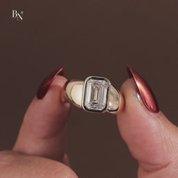 3ct Emerald Cut Lab Grown Diamond Engagement Ring | Bezel Set Signet 14K Yellow Gold